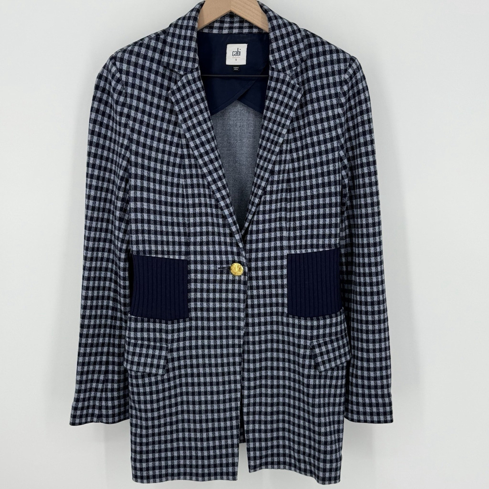 Cabi Blue Checkup Check Single Breasted Blazer Jacket Size Small #5848 Knit